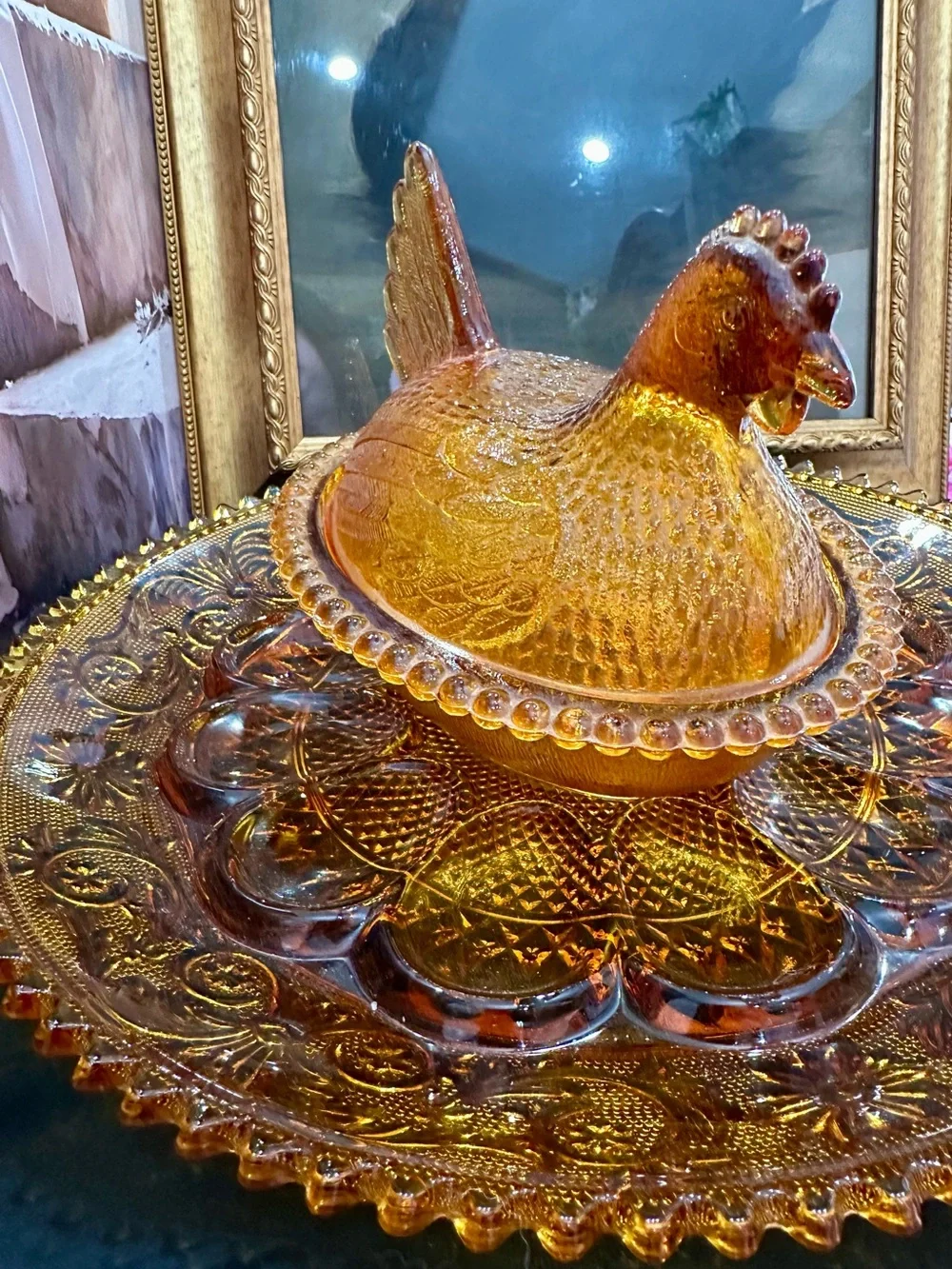 Amber Indiana Glass Hen On Nest w/ Amber glass Tiara pattern deviled egg  plate